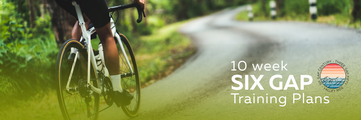 Banner showing a cyclist on a rural road with overlay text '10 week SIX GAP Training Plans' and a circular logo on the right.